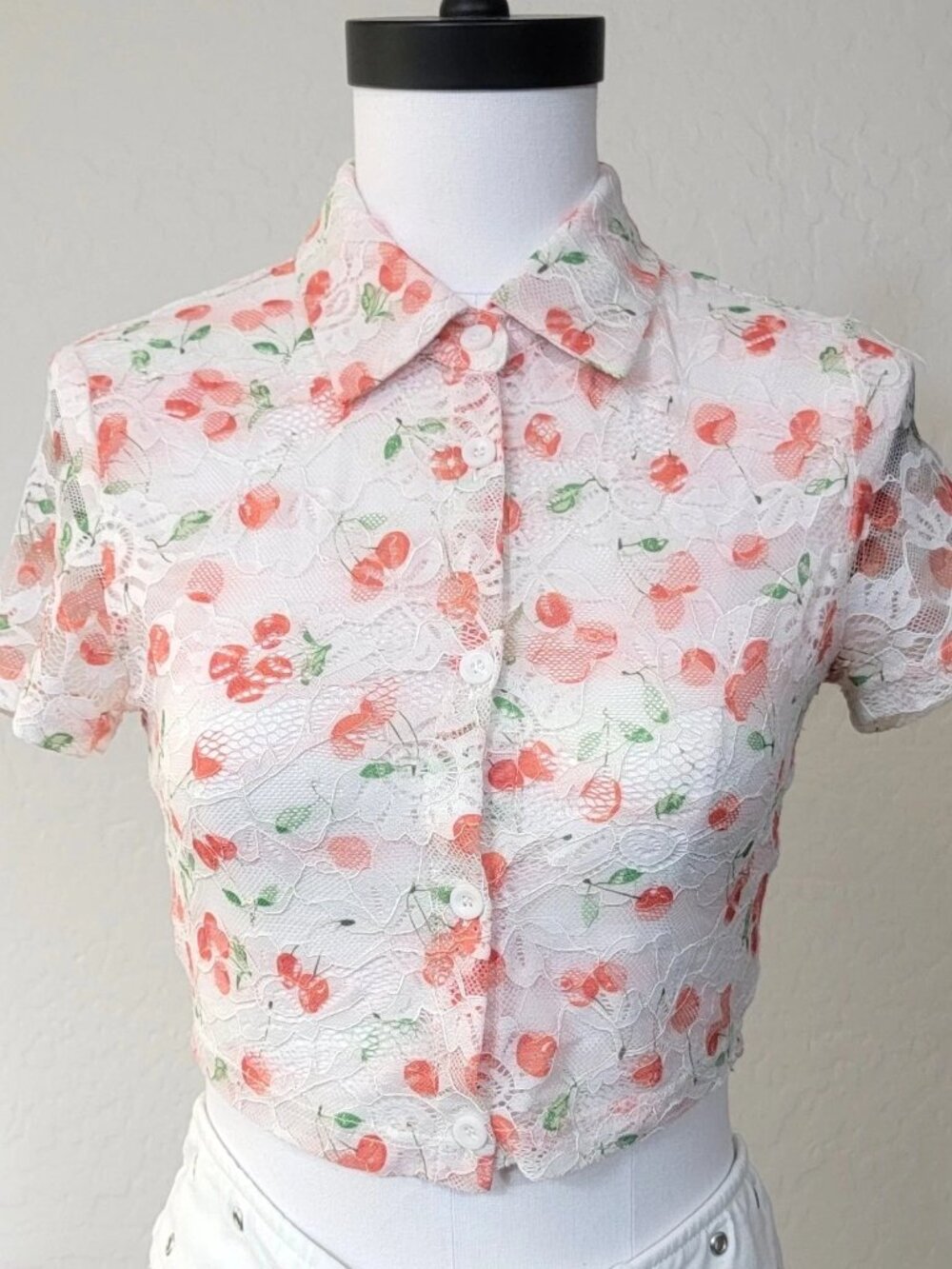 Women's Size Small Coquette Y2K Kawaii Crop Top Sheer Lacey Floral Button Up